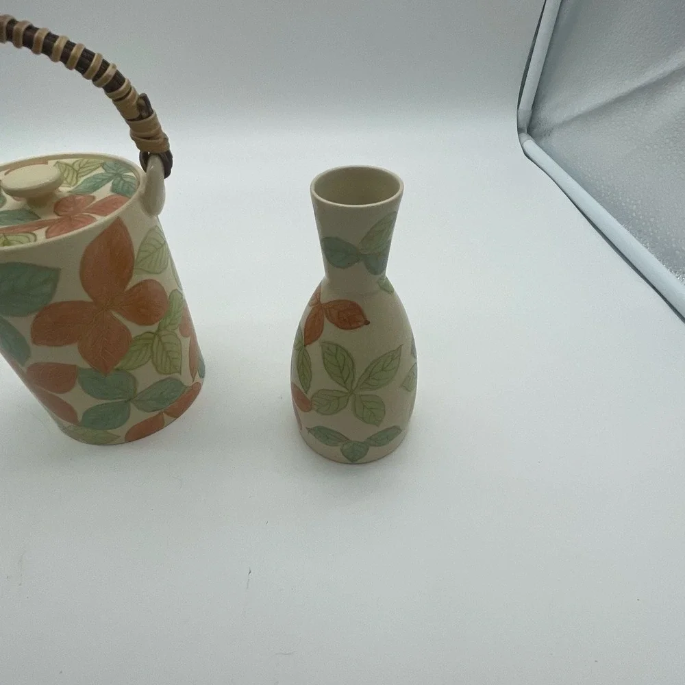 Vintage Otagiri Japanese Sake Tea Set Hand Painted Floral Leaf 6-Piece Ceramic